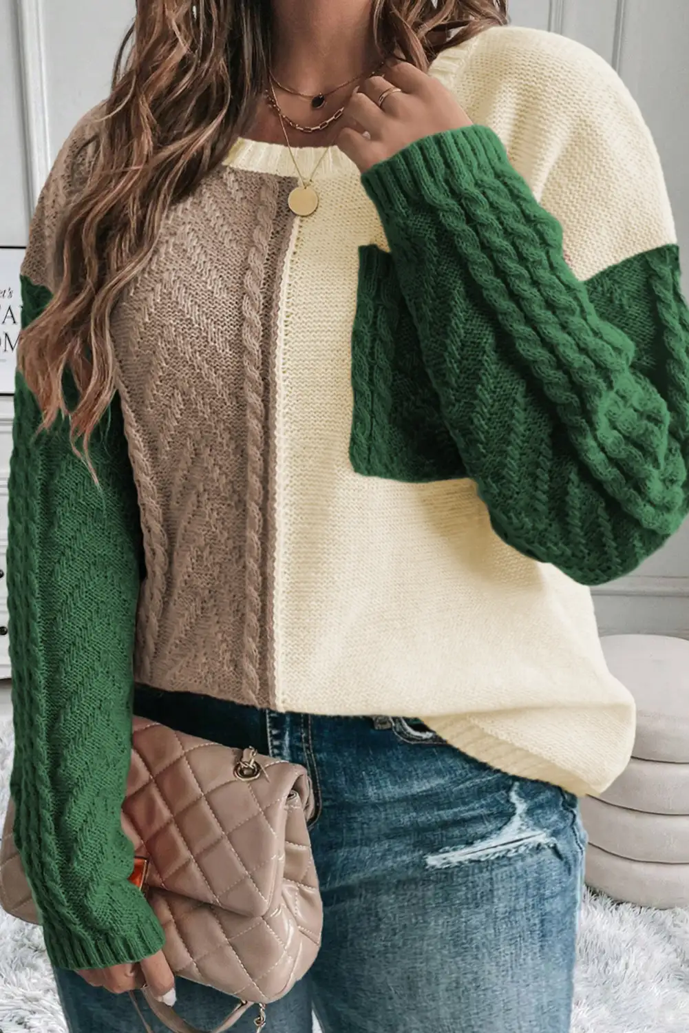 Mist Green Cable Knit Color Block Plus Size Sweater