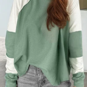 Chic Mint Green Colorblock Ribbed Long Sleeve Top