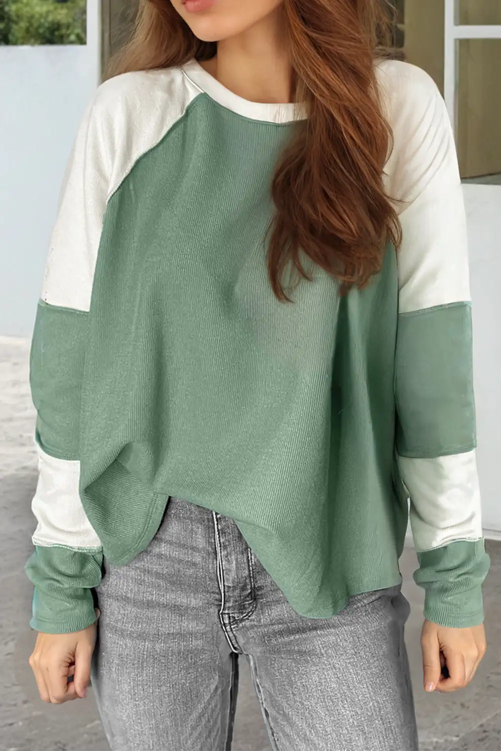 Chic Mint Green Colorblock Ribbed Long Sleeve Top