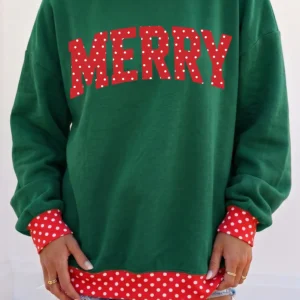 Dark Green Merry Christmas Slogan Polka Dot Trim Oversized Tunic Sweatshirt
