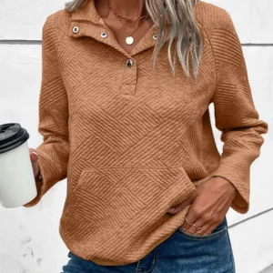Gold Flame Textured Knit Buttoned Kangaroo Pocket Sweatshirt