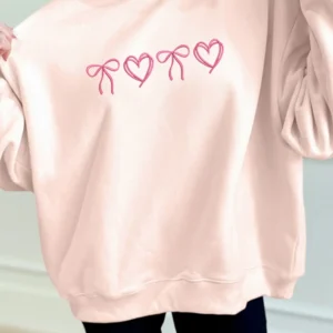 Apricot Pink Bow Heart Embroidered Mock-Neck Sweatshirt