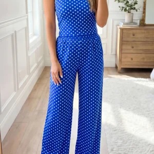 Blue Polka Dot Two-Piece Set: Halter Tank & High-Waist Pants