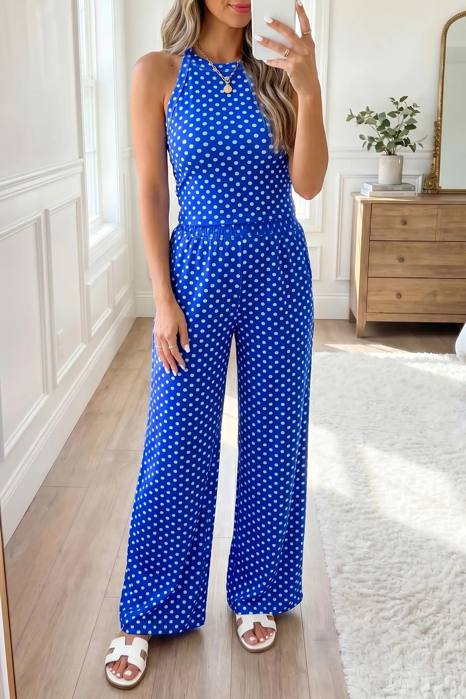 Blue Polka Dot Two-Piece Set: Halter Tank & High-Waist Pants