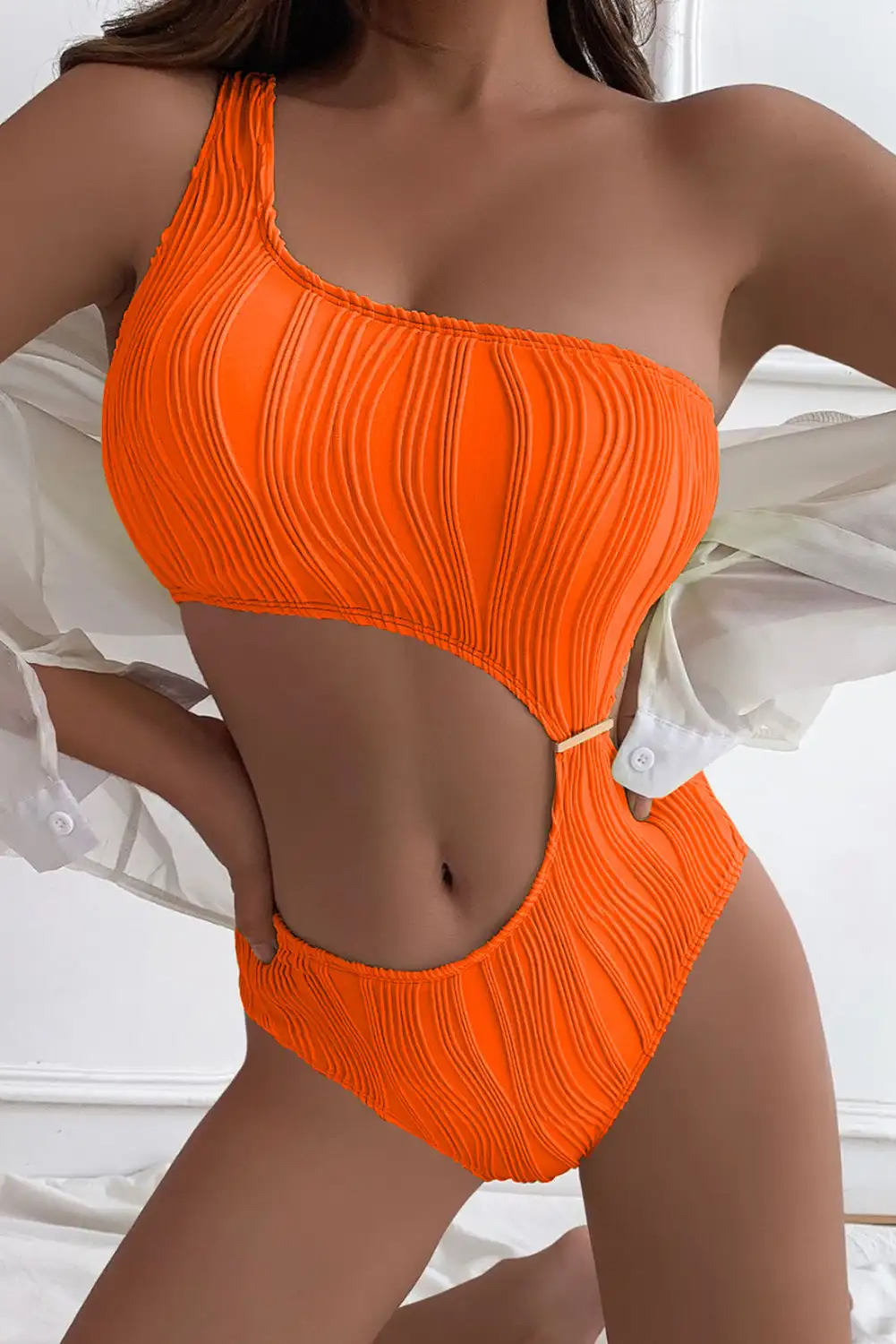 Trendy Orange Wavy Textured Monokini