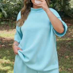 Mist Blue Mock-Neck 2-Piece Plus-Size Loungewear Set