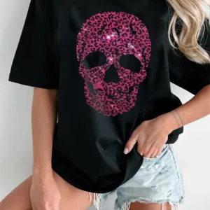 Stylish Leopard Skull Rhinestone Graphic Tee for Casual Summer and Halloween Vibes
