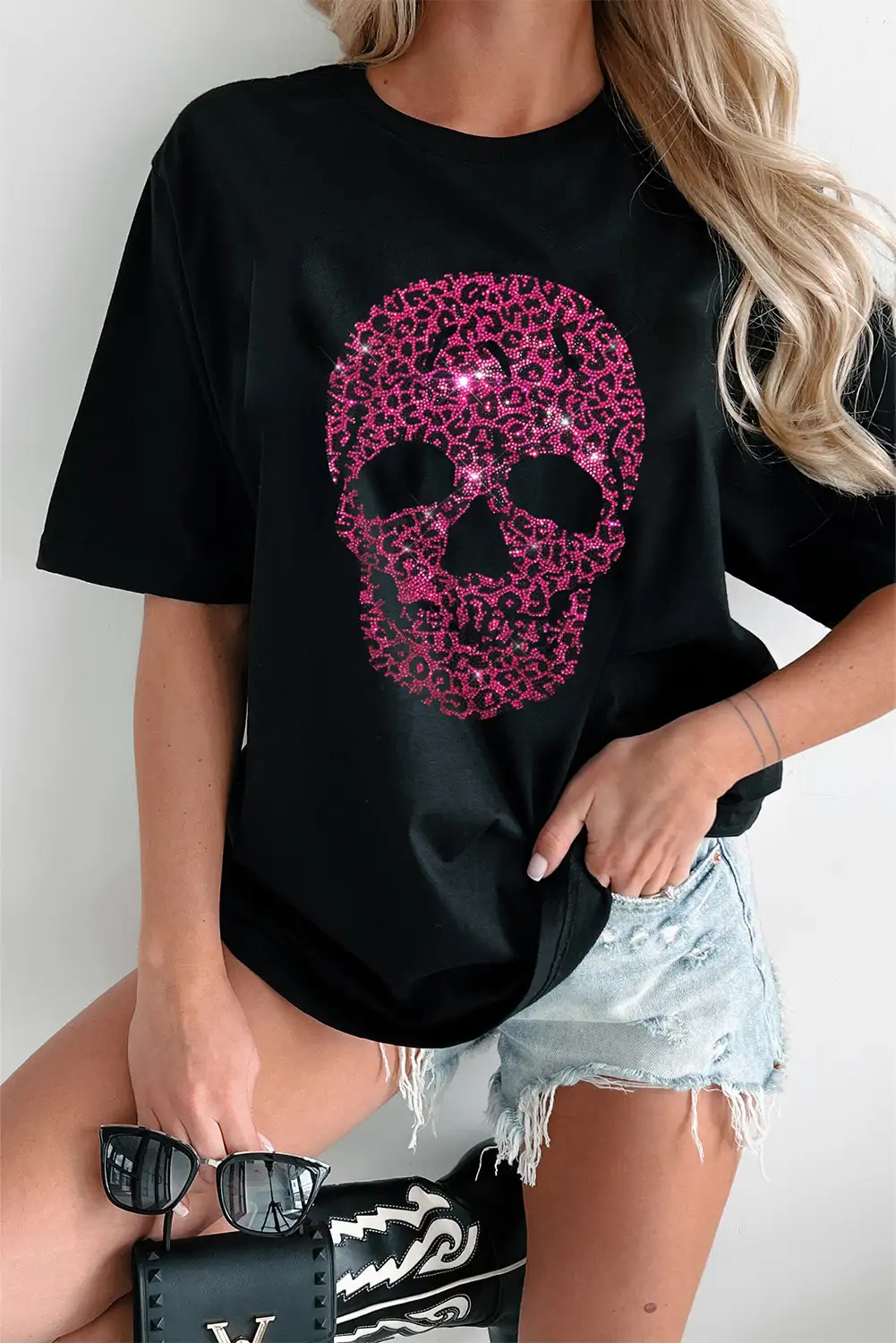 Leopard Skull Rhinestone Graphic Tee