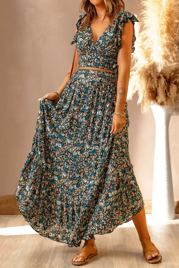 Bohemian Floral Ruffled Crop Top and Maxi Skirt Set