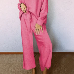 Chic Strawberry Pink Slouchy Textured Two-Piece Casual Winter Outfit for Cozy Days and Valentine's Day Celebrations