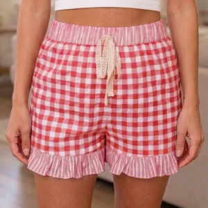 Red Gingham Ruffle Lace-Tie Shorts with Striped Detail