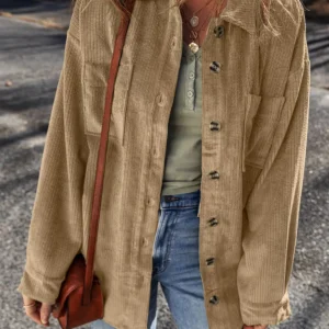 Chic French Beige Corduroy Shacket for Effortless Casual Fall Autumn Style