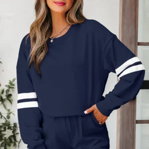 Navy Blue Varsity Striped Drop-Shoulder Two-Piece Set