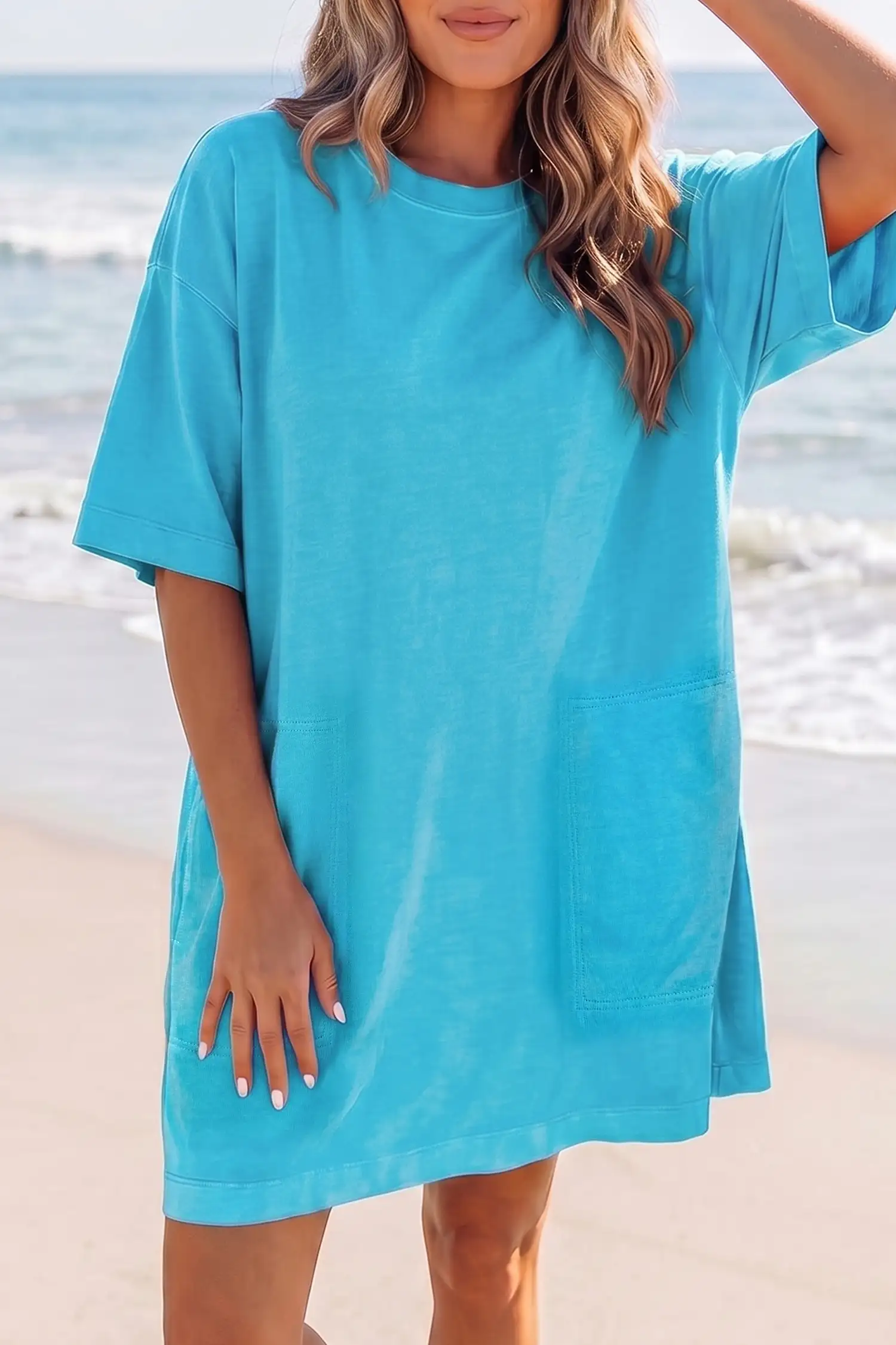 Light Blue Drop-Shoulder Casual T Shirt Dress with Pockets