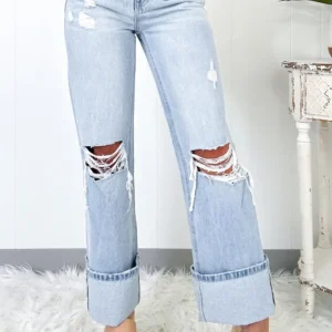 Beau Blue Light Wash Distressed Vintage Flare Jeans for Casual Spring Style with Wide Leg Comfort