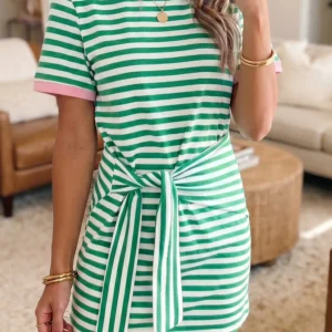 Green Stripe Nautical Tie-Trim Round-Neck Mini Dress