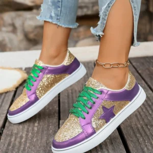 Tillandsia Purple Glitter Star Patchwork PU Leather Lace-Up Sneakers