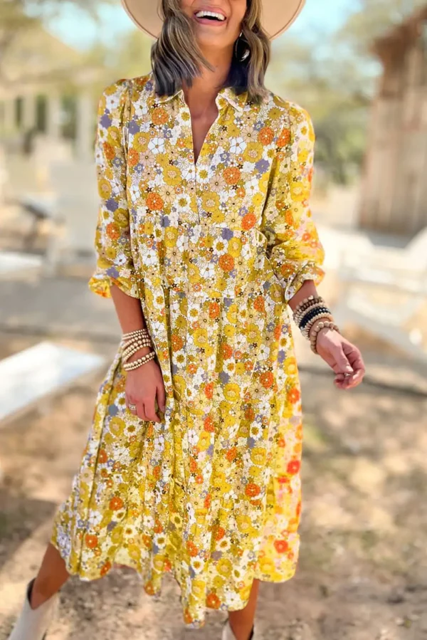 Boho Yellow Floral Collared Dress