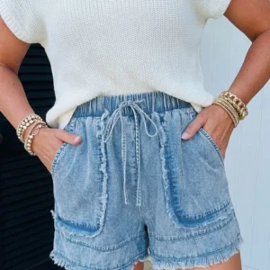 Myosotis Frayed Edge Denim Shorts - High-Waist Casual Summer