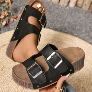 Black White Retro Double Buckle Platform Slippers - PU Leather & Faux Suede