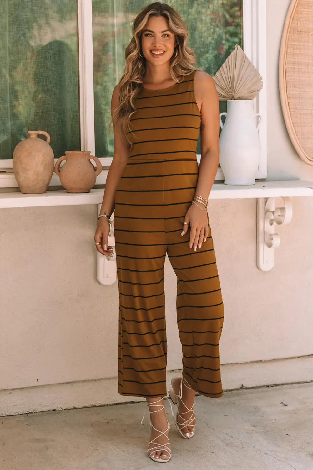 Chic Brown Striped Sleeveless Jumpsuit