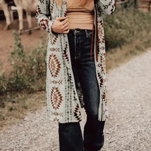 Stylish Brown Western Aztec Printed Long Cardigan for Daily Fall Fashion and Autumn Occasions