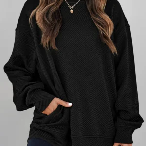 Black Textured Round-Neck Drop-Shoulder Sweatshirt