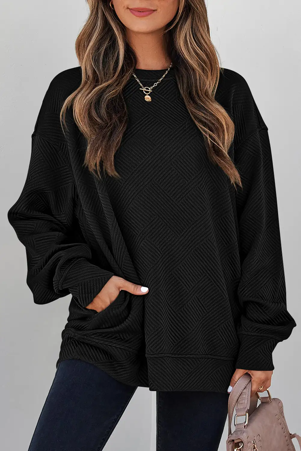Black Textured Round-Neck Drop-Shoulder Sweatshirt