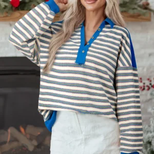 Blue Stripe Buttoned V-Neck Collared Drop-Shoulder Top