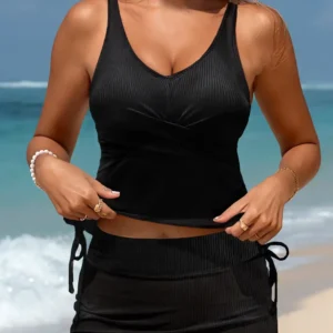 Black Ribbed Crossed-Detail Tankini Skort 2pc Swimsuit