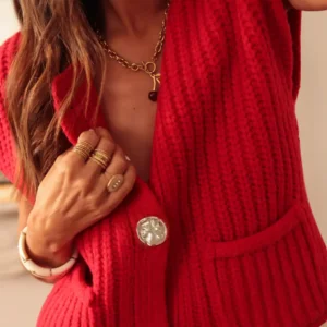 Fiery Red Textured Knit Vest with Side Pockets & Buttoned Front
