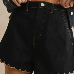 Black Embroidered Scalloped Denim Shorts - High-Waist Mini
