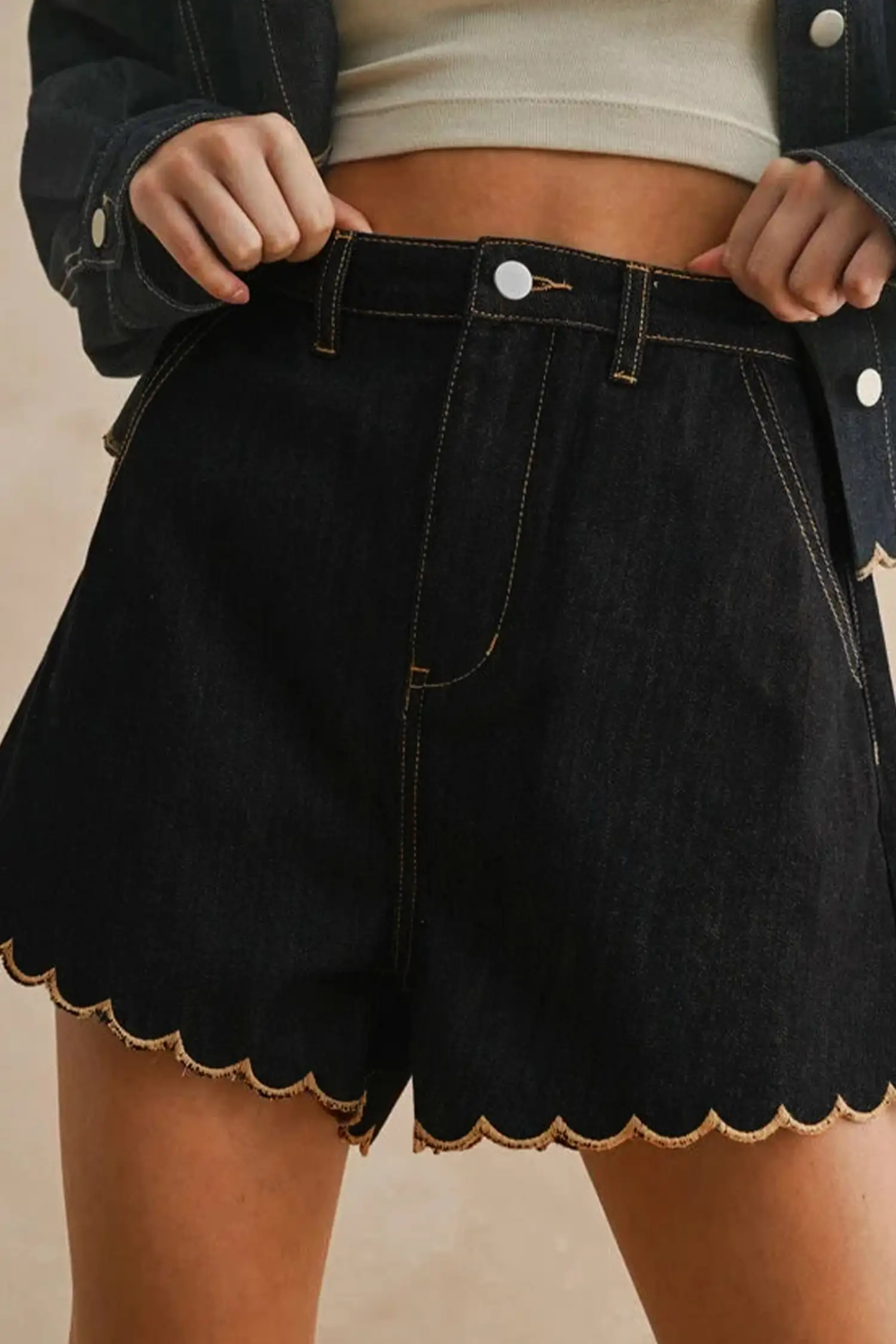 Black Embroidered Scalloped Denim Shorts - High-Waist Mini