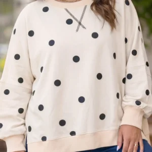Beige Polka Dot Round-Neck Long Sleeve Top - Plus Size