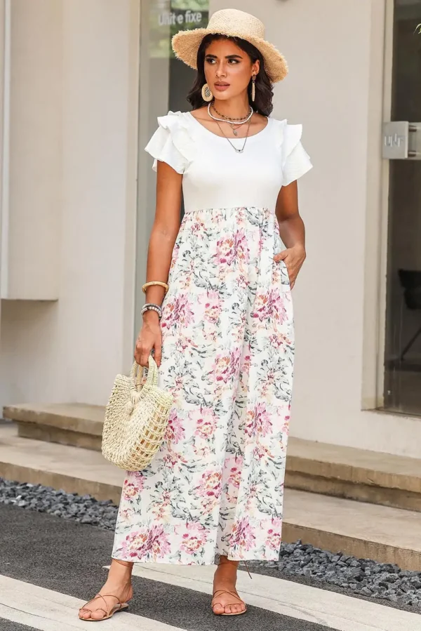 White Floral Ribbed Maxi Dress with Pockets