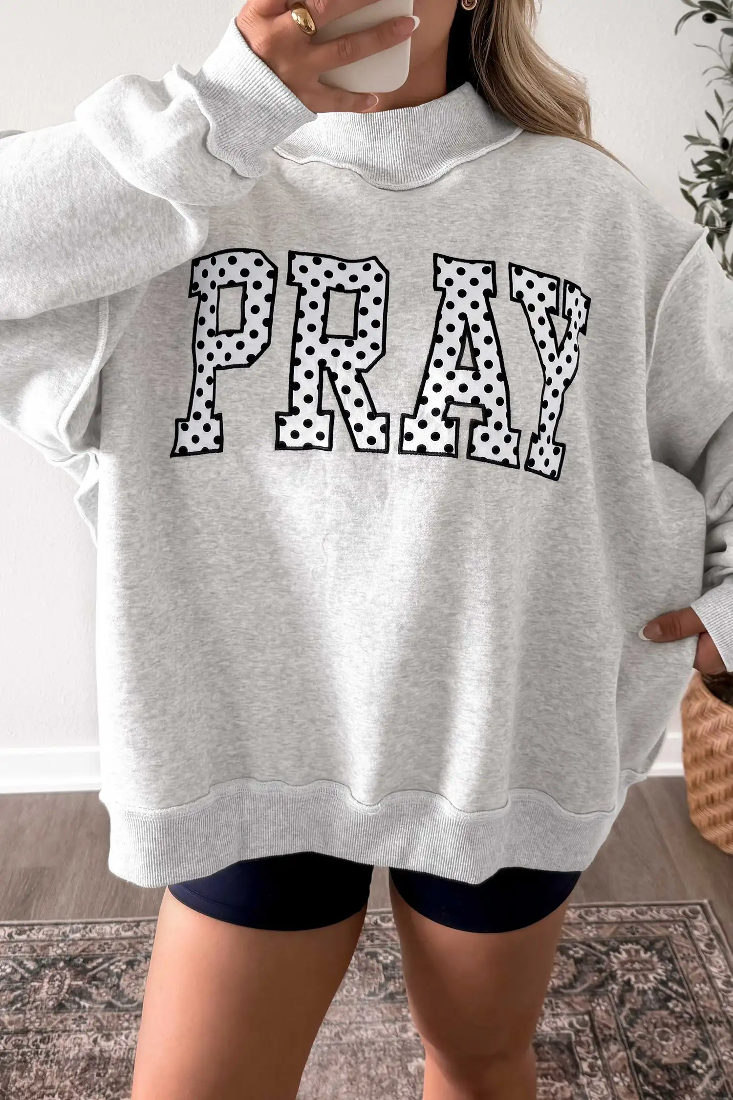 Gray PRAY Polka Dot Embroidered Mock-Neck Sweatshirt