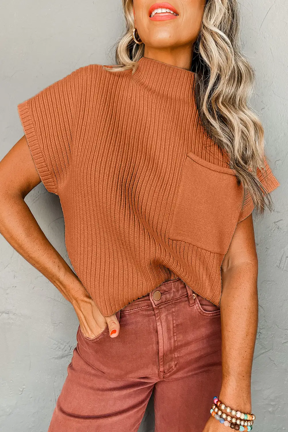 Gold Flame Ribbed Knit Short Sleeve Sweater