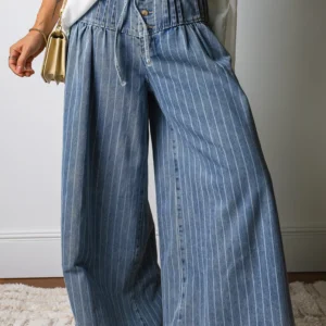 Sky Blue Stripe Button-Pleat Drawstring Wide-Leg Jeans