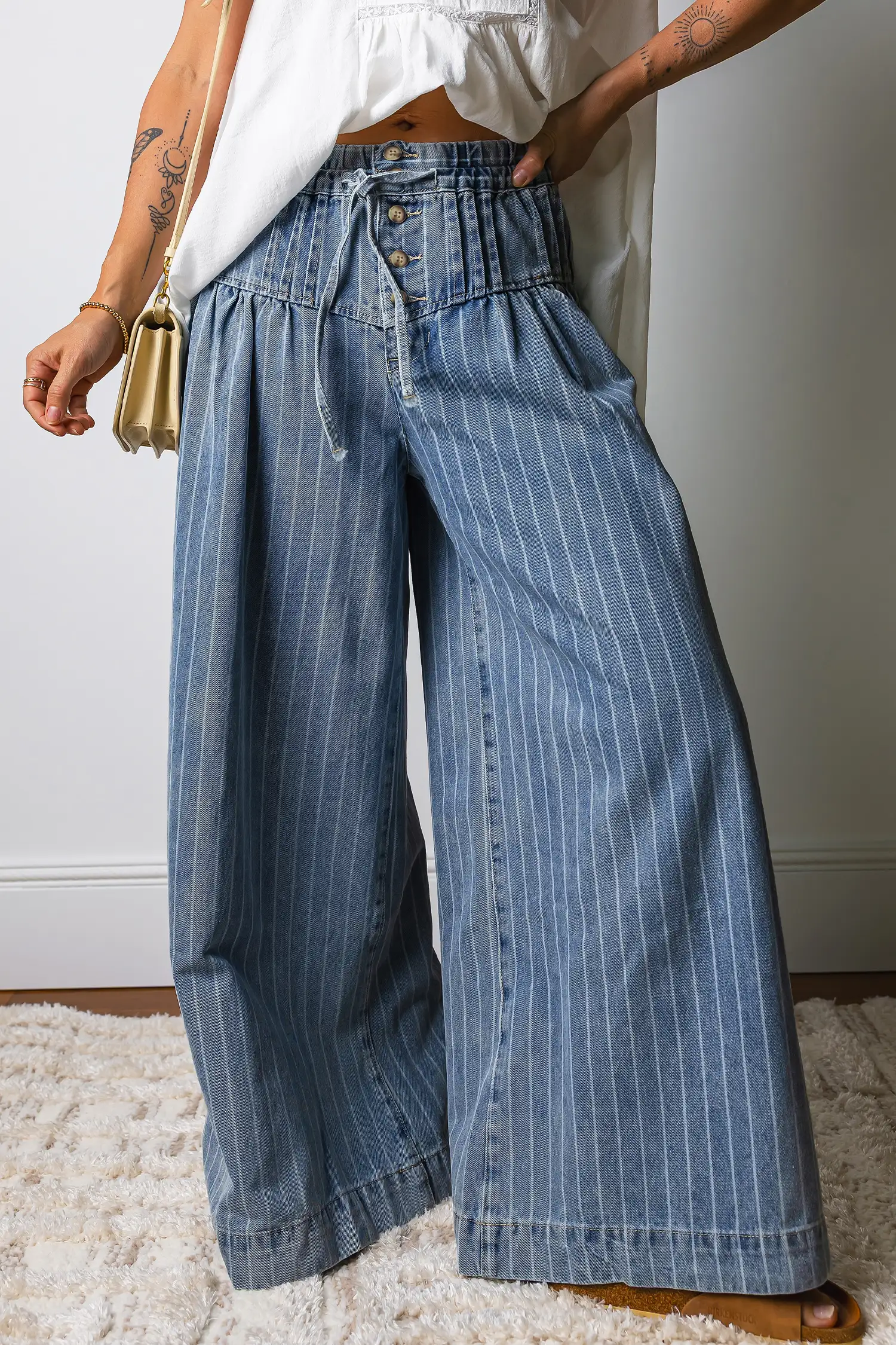 Sky Blue Stripe Button-Pleat Drawstring Wide-Leg Jeans