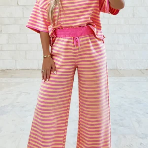 Pink Stripe Colorblock Crew Neck Two-Piece Set