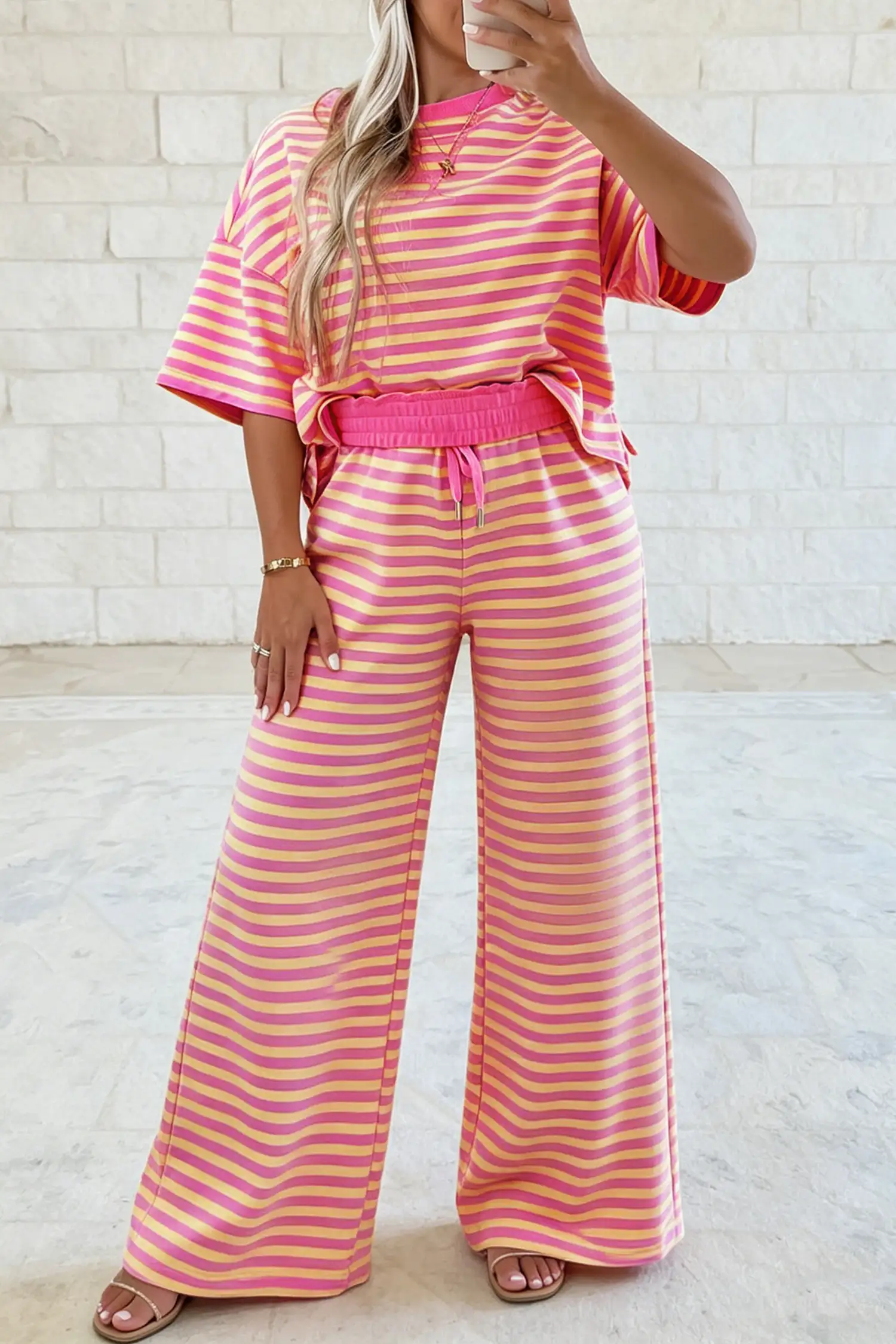 Pink Stripe Colorblock Crew Neck Two-Piece Set