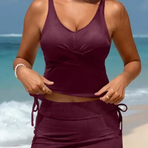 Burgundy Ribbed Crossed-Detail Tankini with Skort 2pc
