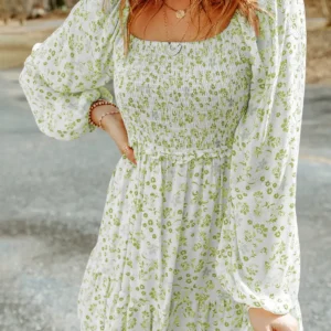 Boho Floral Puff Sleeve Mini Dress in Pear Green
