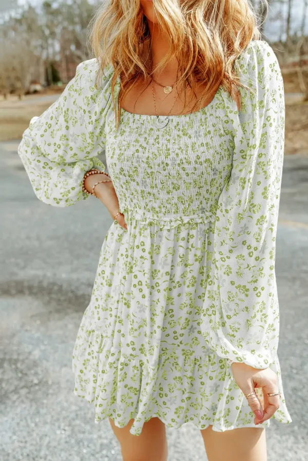 Boho Floral Puff Sleeve Mini Dress in Pear Green