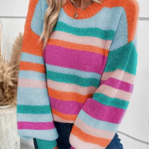 Multicolor Striped Knit Puff Sleeve Sweater