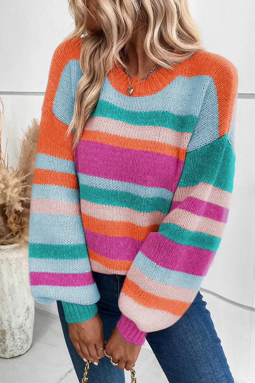 Multicolor Striped Knit Puff Sleeve Sweater