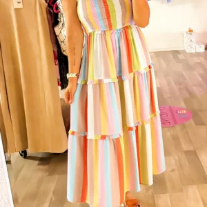 Green Striped Shirred Maxi Dress with Frilly Tiered Layers
