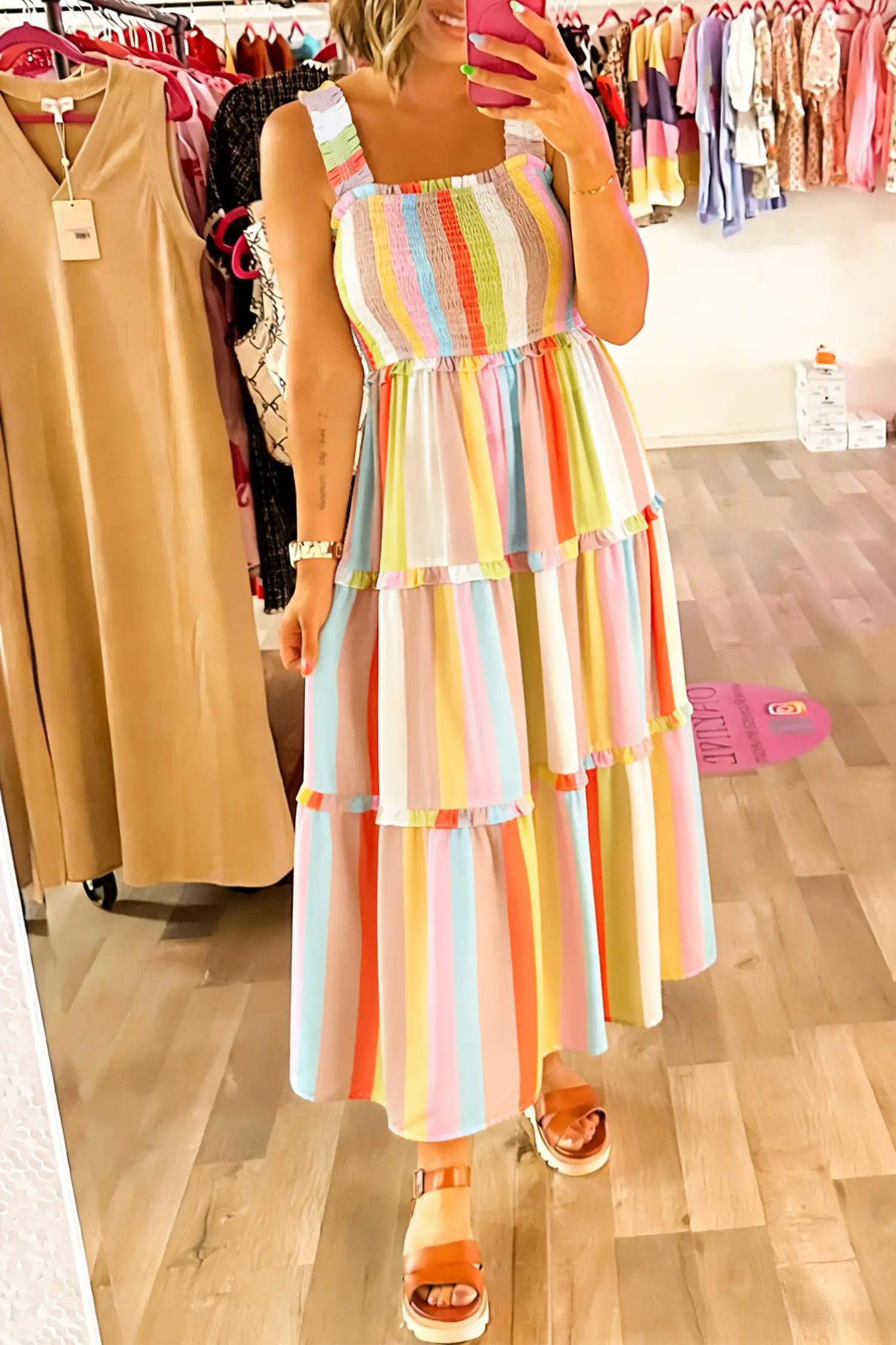 Green Striped Shirred Maxi Dress with Frilly Tiered Layers