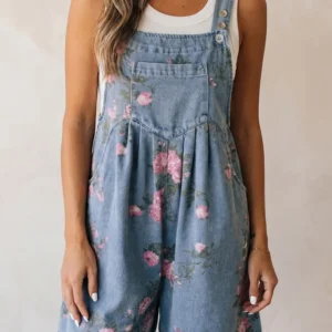 Myosotis Floral Denim Shortalls – Floral Print, Adjustable Straps, Relaxed Vintage Vibe