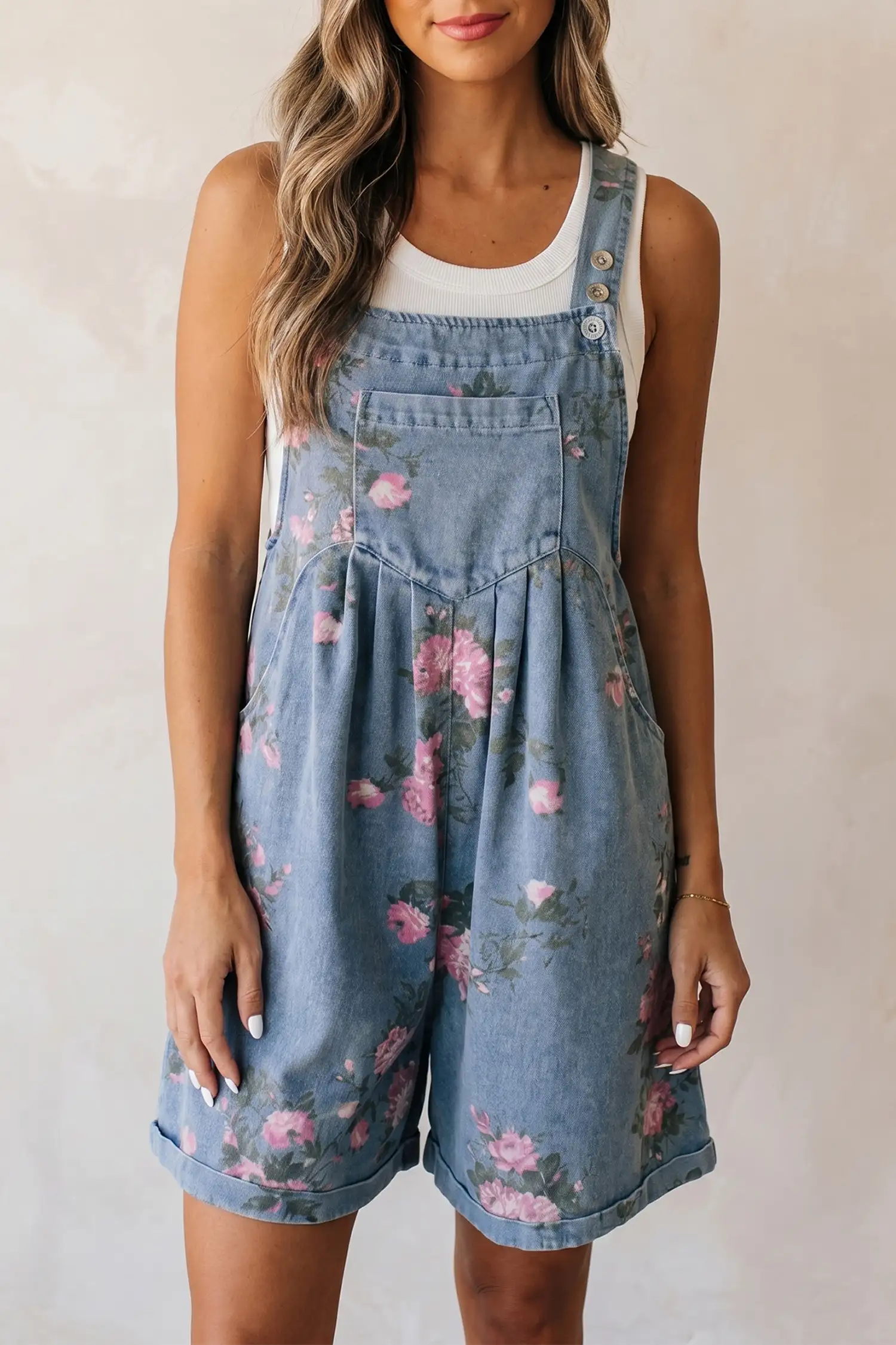 Myosotis Floral Denim Shortalls – Floral Print, Adjustable Straps, Relaxed Vintage Vibe